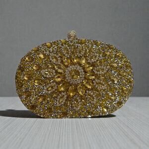 Ramla Gold Crystal Embellished Oval Evening Clutch Beaded Purse NWT